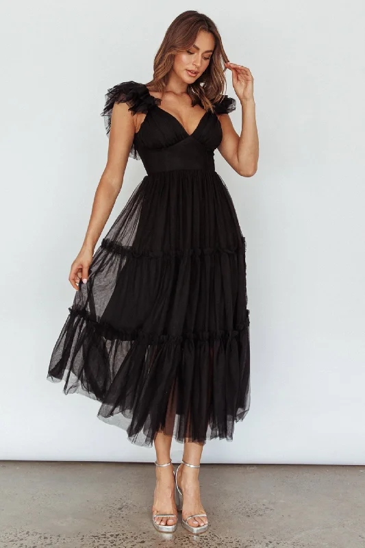 ladies-midi-dress-fitted-fawn-Amal Ruffle Shoulder Tulle Midi Dress Black