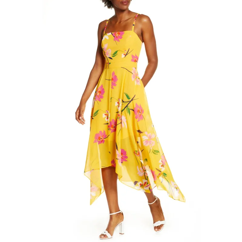 ladies-flared-dress-smocked-sunset-Vince Camuto Women's Fit & Flare  Sharkbite Hem Floral Print Midi Dress