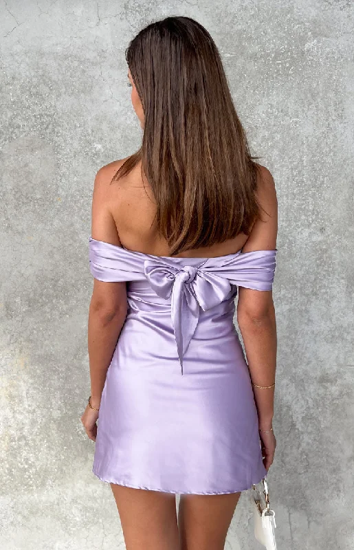 Women's mini dress 80s flair -Primrose Purple Satin Off the Shoulder Mini Dress