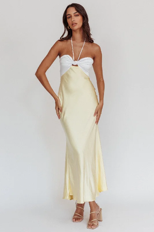 ladies-midi-dress-draped-dawn-Hassie Knot Bust Halter Midi Dress Yellow