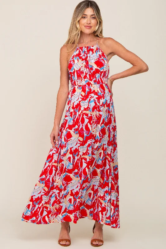 Women's maxi dress web flair -Red Printed Halter Smocked Waist Maternity Maxi Dress