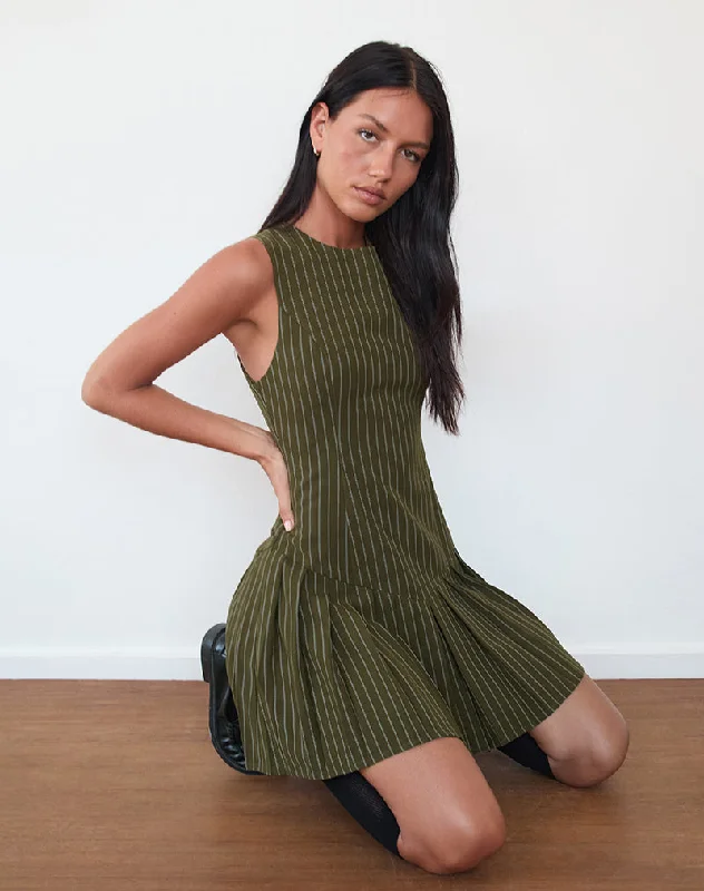 Women's mini dress ever flair -Semasa Mini Dress in Khaki Pinstripe