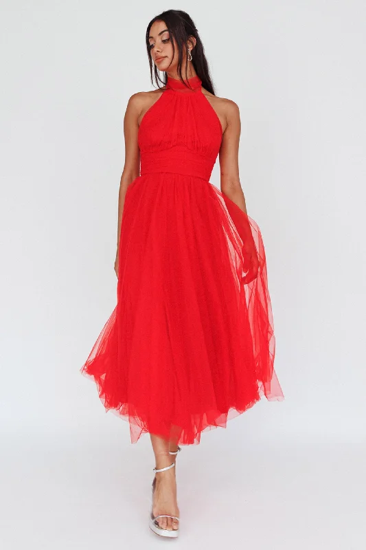 ladies-midi-dress-feminine-fable-Andria Halterneck Tulle Midi Dress Red