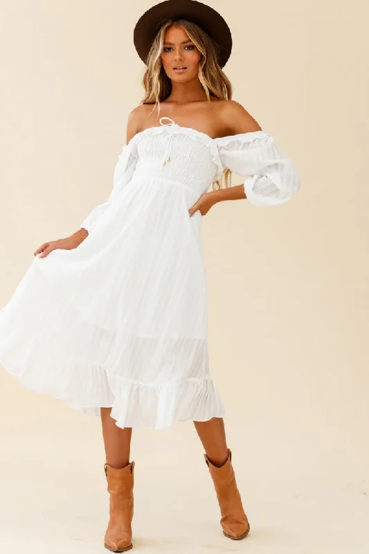 ladies-midi-dress-custom-chic-Flynn Off-Shoulder Shirred Bust Midi Dress White