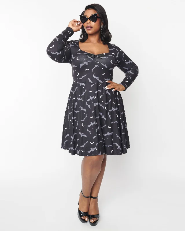 ladies-flared-dress-sand-sweep-Unique Vintage Grey Bat & Moon Hello Gorgeous Flare Dress | Grey