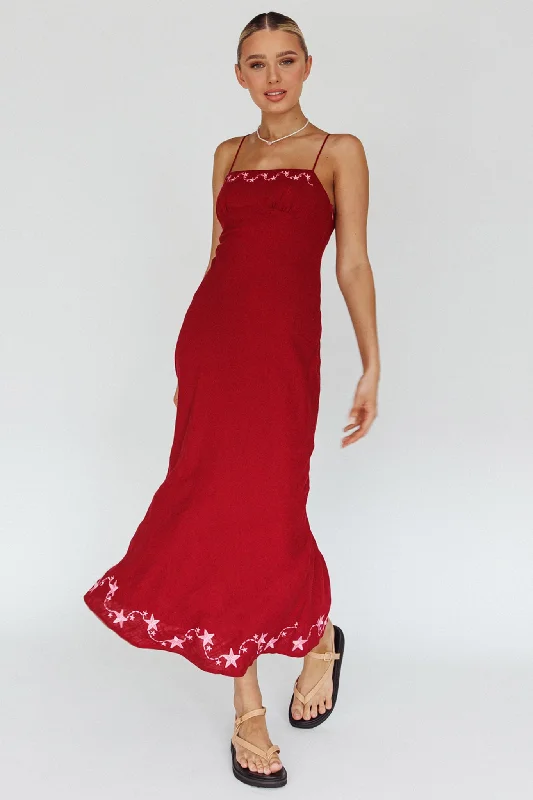 ladies-midi-dress-padded-petal-Star Garden Embroidered Midi Dress Wine