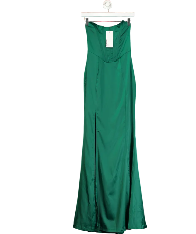 Women's maxi dress talk glow -Club L Bottle Green Satin Strapless Corset Thigh Split Fishtail Maxi Dress UK 6