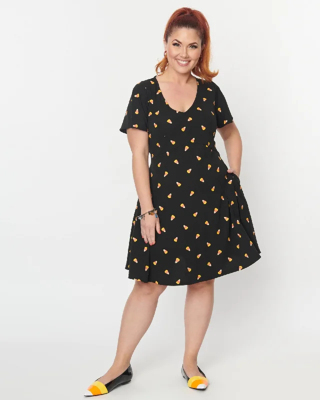 ladies-flared-dress-ash-allure-Unique Vintage Black Candy Corn Print Poppy Flare Dress | Black