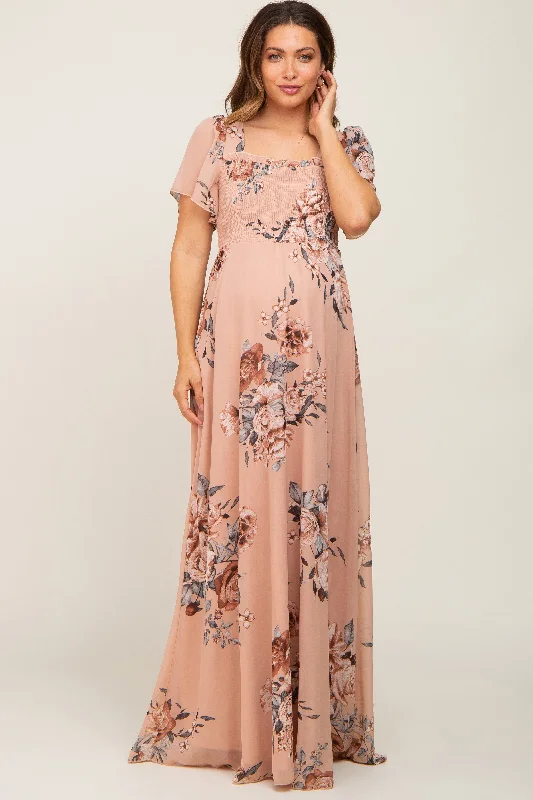 Women's maxi dress plum pop -Beige Floral Chiffon Square Neck Smocked Short Sleeve Maternity Maxi Dress