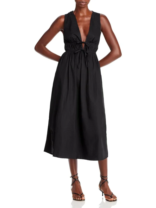 ladies-midi-dress-ruched-rush-Andressa Womens Ruched V-Neck Midi Dress