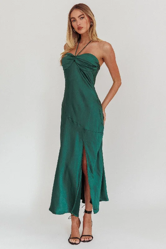 ladies-midi-dress-winter-warmth-Kindred Spirit Strapless Gathered Bust Midi Dress Forest Green