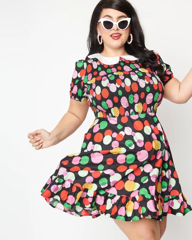 ladies-flared-dress-ruffle-ripple-Smak Parlour Black & Rainbow Dot Smocked Fit & Flare Dress | Black, Polka Dot