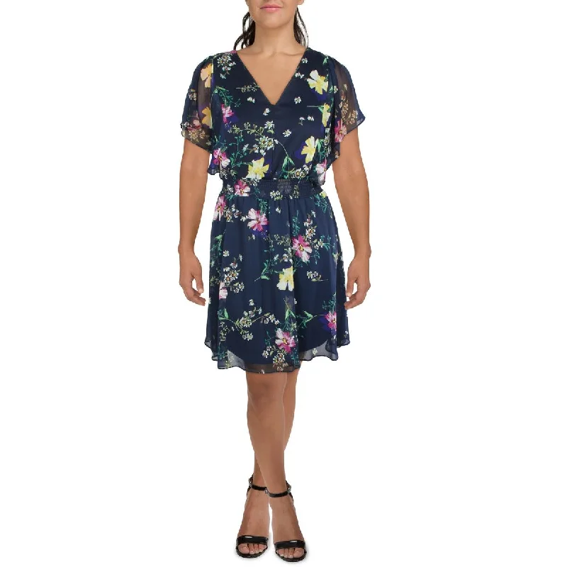 ladies-flared-dress-ruched-rush-Womens Chiffon Floral Fit & Flare Dress