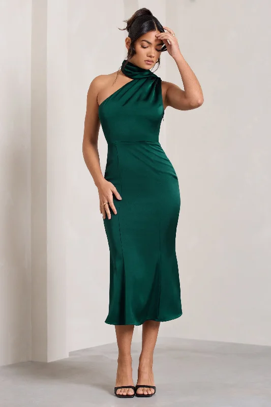 ladies-flared-dress-square-sweep-Golden Girl | Bottle Green Satin One Shoulder High-Neck Flared Midi Dress