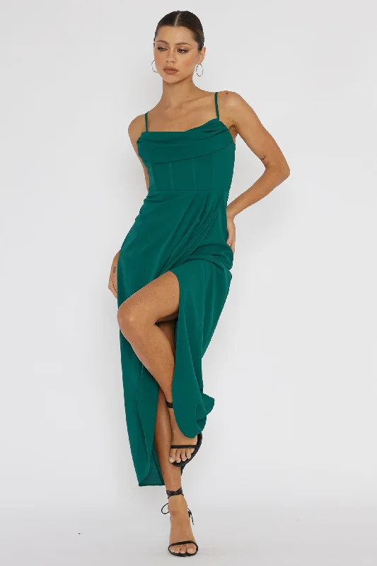 ladies-midi-dress-formal-flair-Patrice Draped Neck Split Midi Dress Forest Green