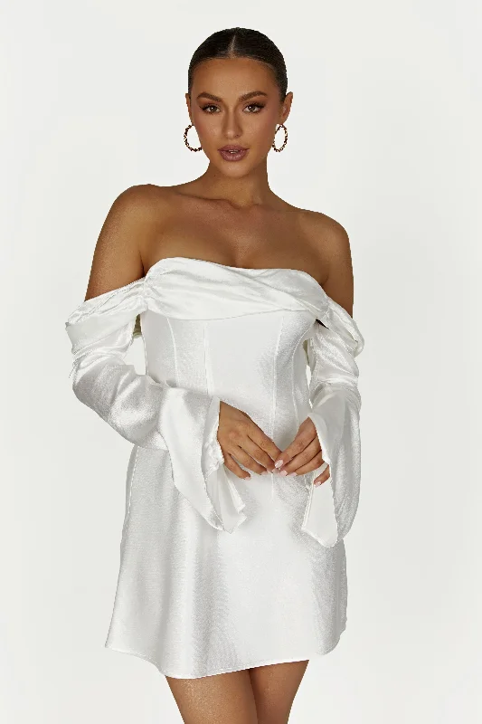 Women's mini dress sheen flair -Giselle Off Shoulder Satin Mini Dress - White