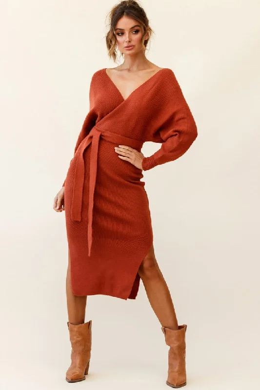 ladies-midi-dress-evening-ember-Cameo Batwing Knit Midi Dress Camel