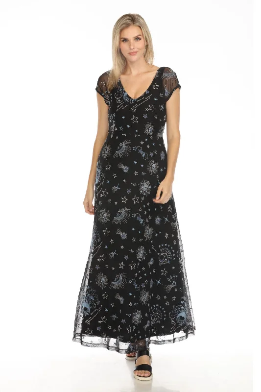 Women's maxi dress bead glow -Johnny Was Jade Black Mesh Embroidered Maxi Dress R37024